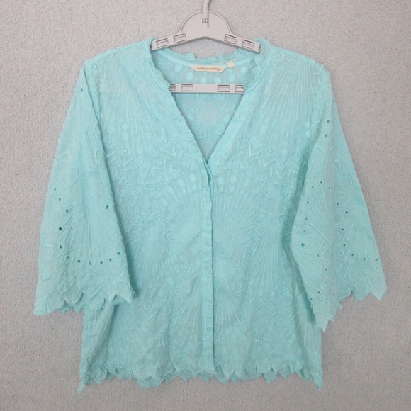 Soft Surroundings Embroidered Eyelet Top XS 3/4 Sleeve Aqua Blue Blouse - Picture 1 of 8